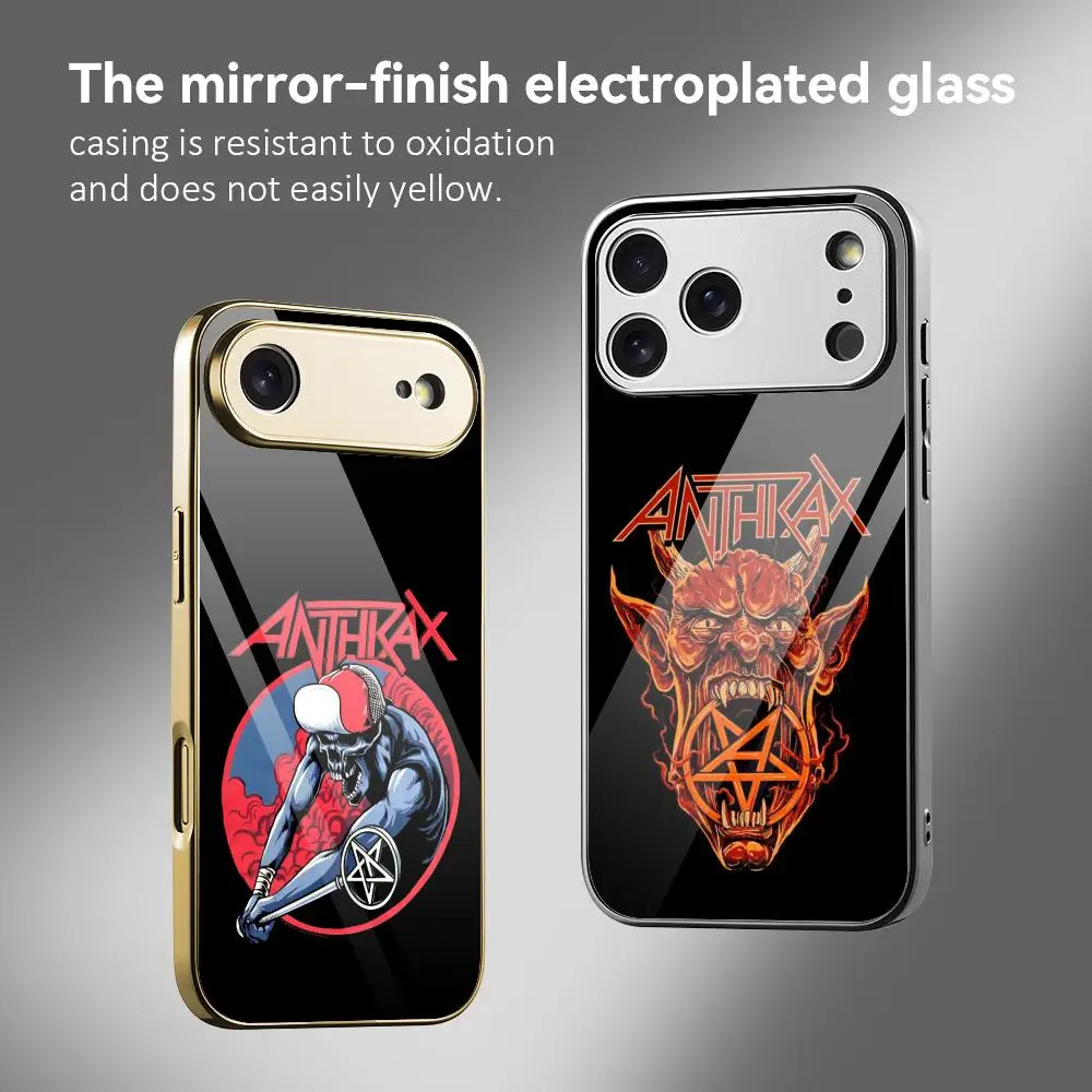 

A-ANTHRAXS Metal Rock Phone Case For iPhone 17 16 15 14 13 12 Pro Max Plus Electroplated Metal Bumper Case Tempered Glass Back