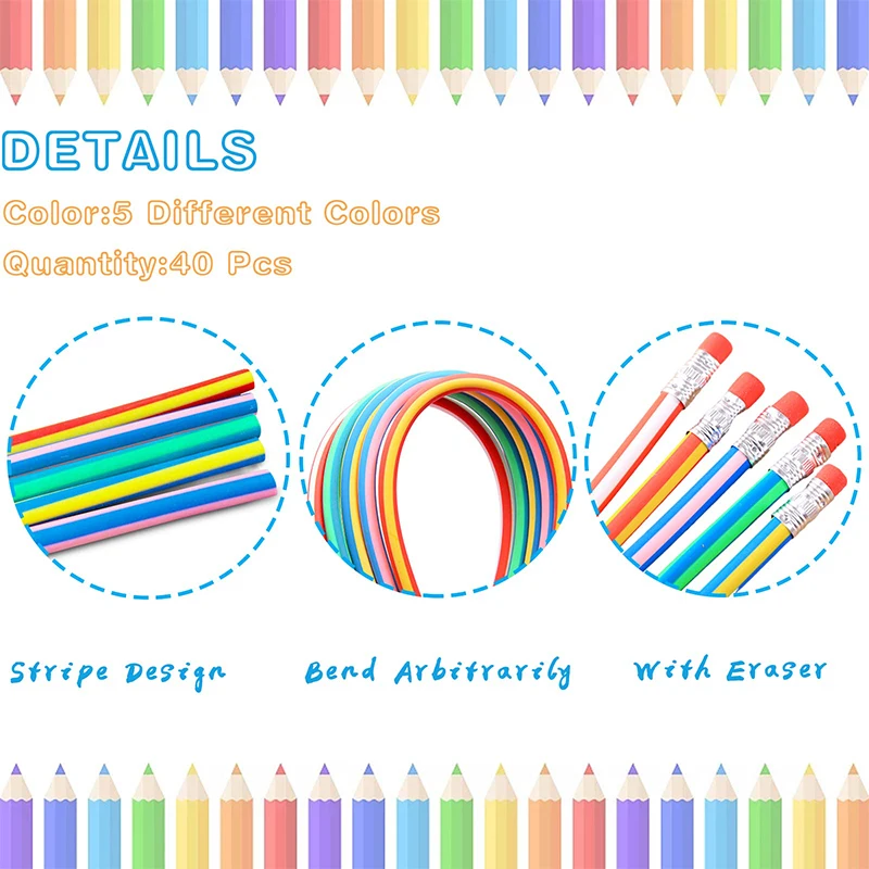 200Pcs Flexible Soft Pencils Bend Pencils Colorful Stripe Soft Pencils for Valentine's Day Children's Day Gift