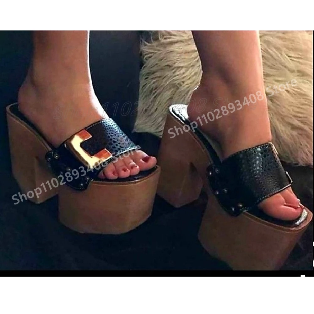 

Black Metal Decor Elegant Slippers Thick Soled Chunky High Heel Leather Platform Hot Girls 2025 Women Shoes Summer Para Mujere