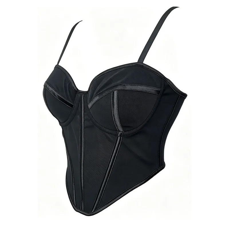 Black Boned Corset Cami Top Contrast Stitch Sweetheart Bustier Pointed Hem Slim Body Shaper