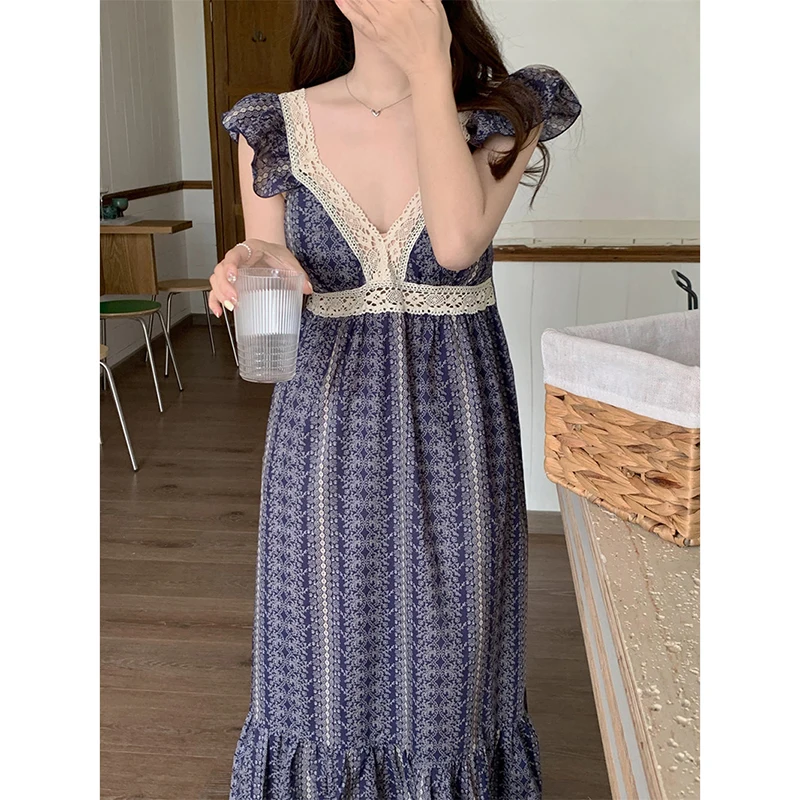 Lace Sleepwear Woman Fly Sleeves Summer Nightgown Korean Nightwear Night Dress V-neck One Piece Pajamas Sleeping Home Wear 2024