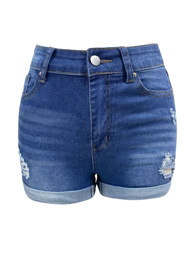 Pantalones cortos de vaquero para mujer, Shorts con dobladillo enrollado a la moda, azul marino, elásticos, ajustados, rasgados con bolsillos, ropa femenina, novedad de 2024