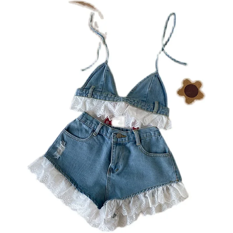 Summer Sweet Lolita Style Denim Shorts Sets Girls Sexy Lace Bandage Camisole Crop Tops Ruffles Jeans Short Pants Women 2PC Set