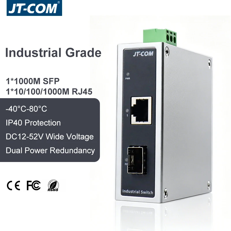 ギガビット産業用ファイバーメディアコンバーター-1-sfp-スロット-1-rj45-イーサネットポート-din-レールマウント-dc9-57v-デュアル冗長電源-ip40