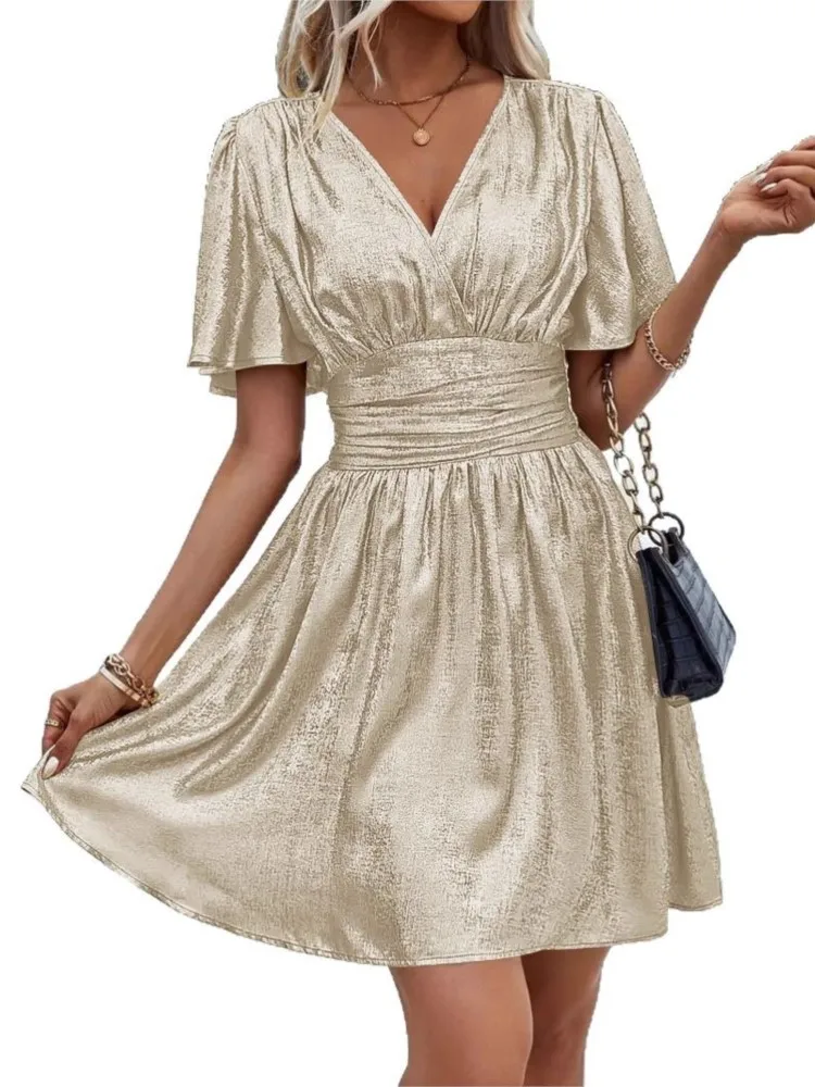 Metallic Sexy V-neck Ruffle Sleeves New Short Skirt Fashionable Summer Short Sleeved Waist Cinched Dress Women's Clothing