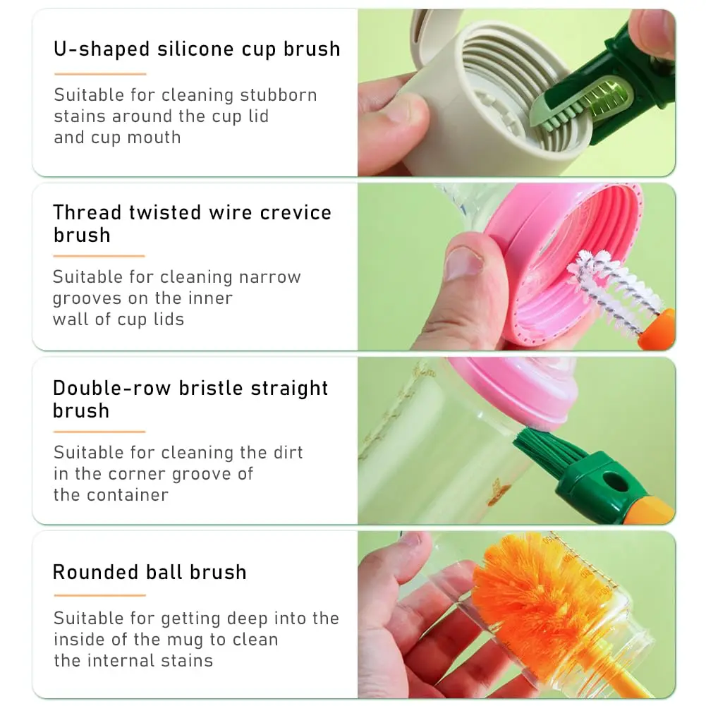 4/5 in 1 Water Bottle Cleaning Brush Detachable Long Handle Scrubber for Sippy Cup Cap Gap Baby Bottles Kitchen Cleaning Tool