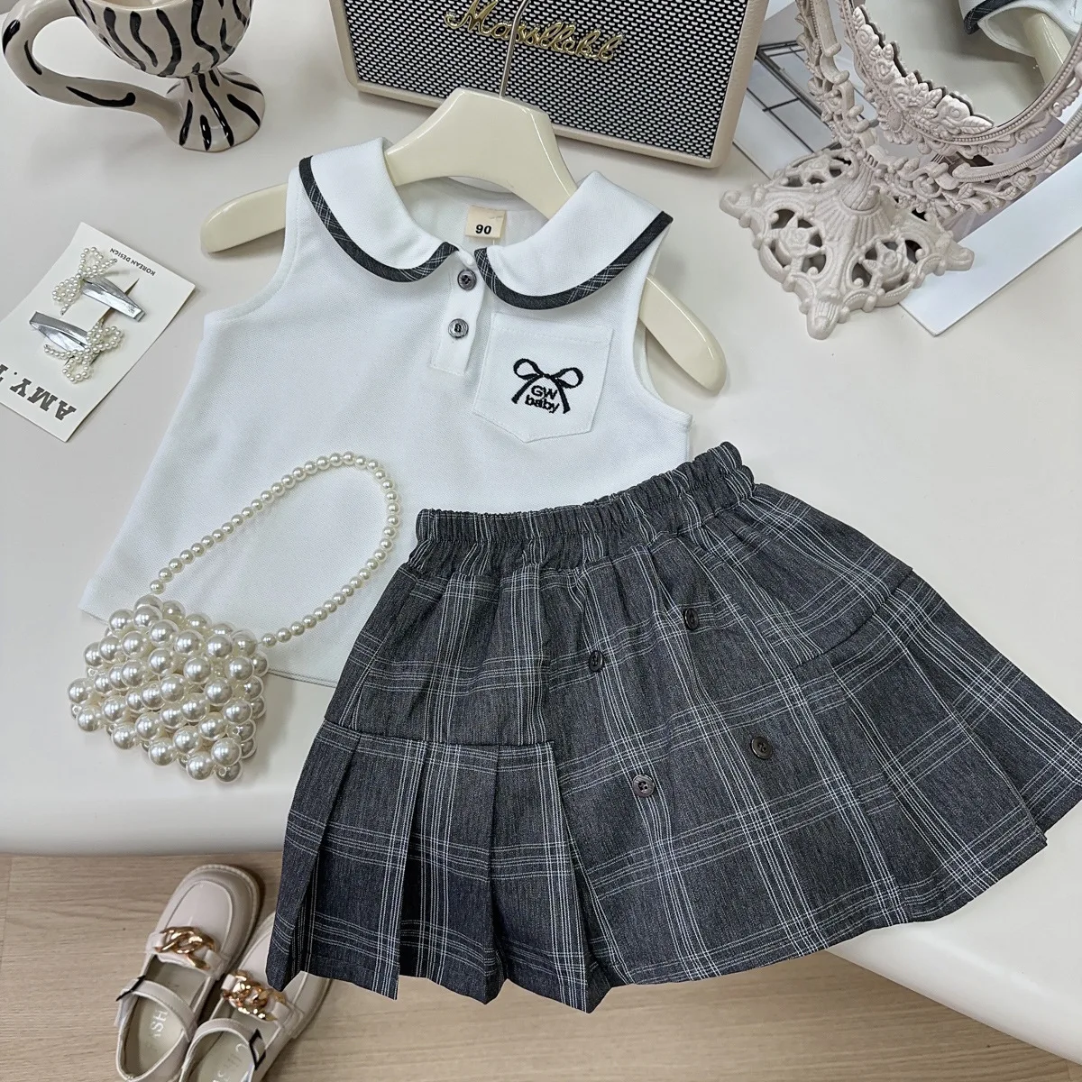 2025 Girls' Campus Style Set Summer New Baby Girls' Elegant Tank Top+ Pleated Half Body Skirt Kids Clothes Girls