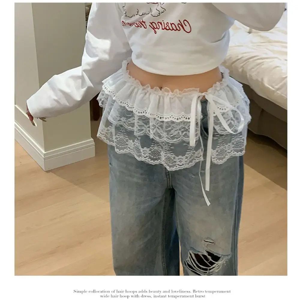 All-match Flower Lace Layered Gauze Skirt Y2k Streetwear Lace-up Pleated Lace Fungus Fart Curtain Waist Skirt