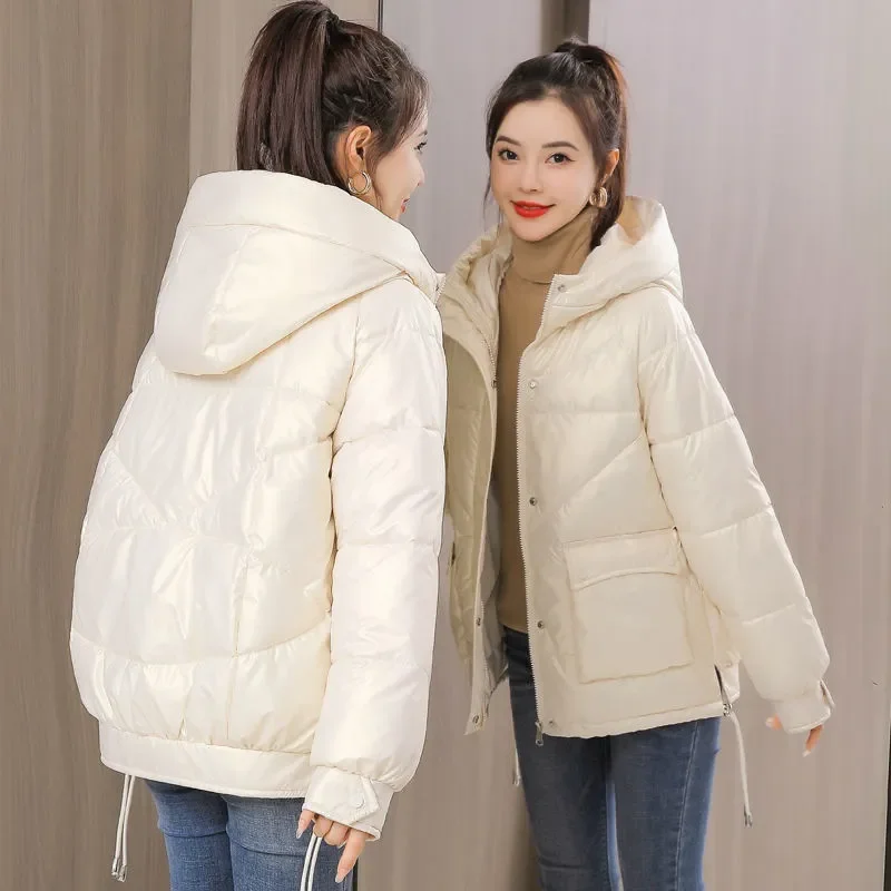 Jaqueta de algodão lustrosa feminina, parka com capuz, acolchoada quente, outwear casual, tops femininos, parkas de inverno, novo, 2022