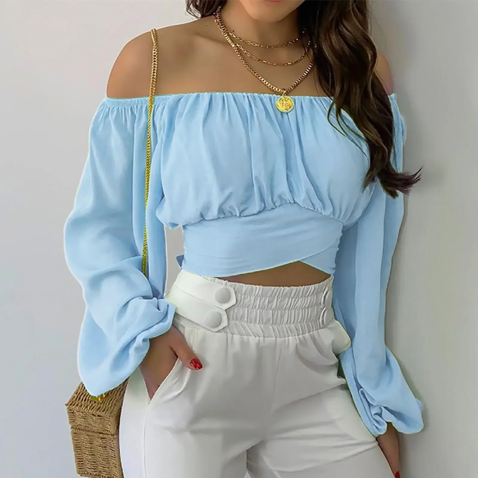 Women Elegant Off Shoulder Print Blouse Sexy Lace Up Bow Backless Slim Shirt Casual Long Sleeve Chic Crop Top Streetwear Tunic
