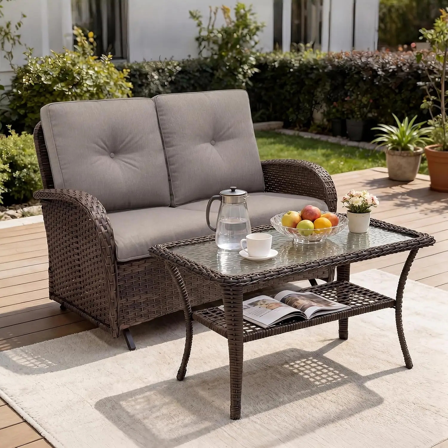 Patio Wicker Loveseat & Table, 2-Seater Outdoor Rattan Set with Removable Cushion for Balcony, Brown & Gray, Customized