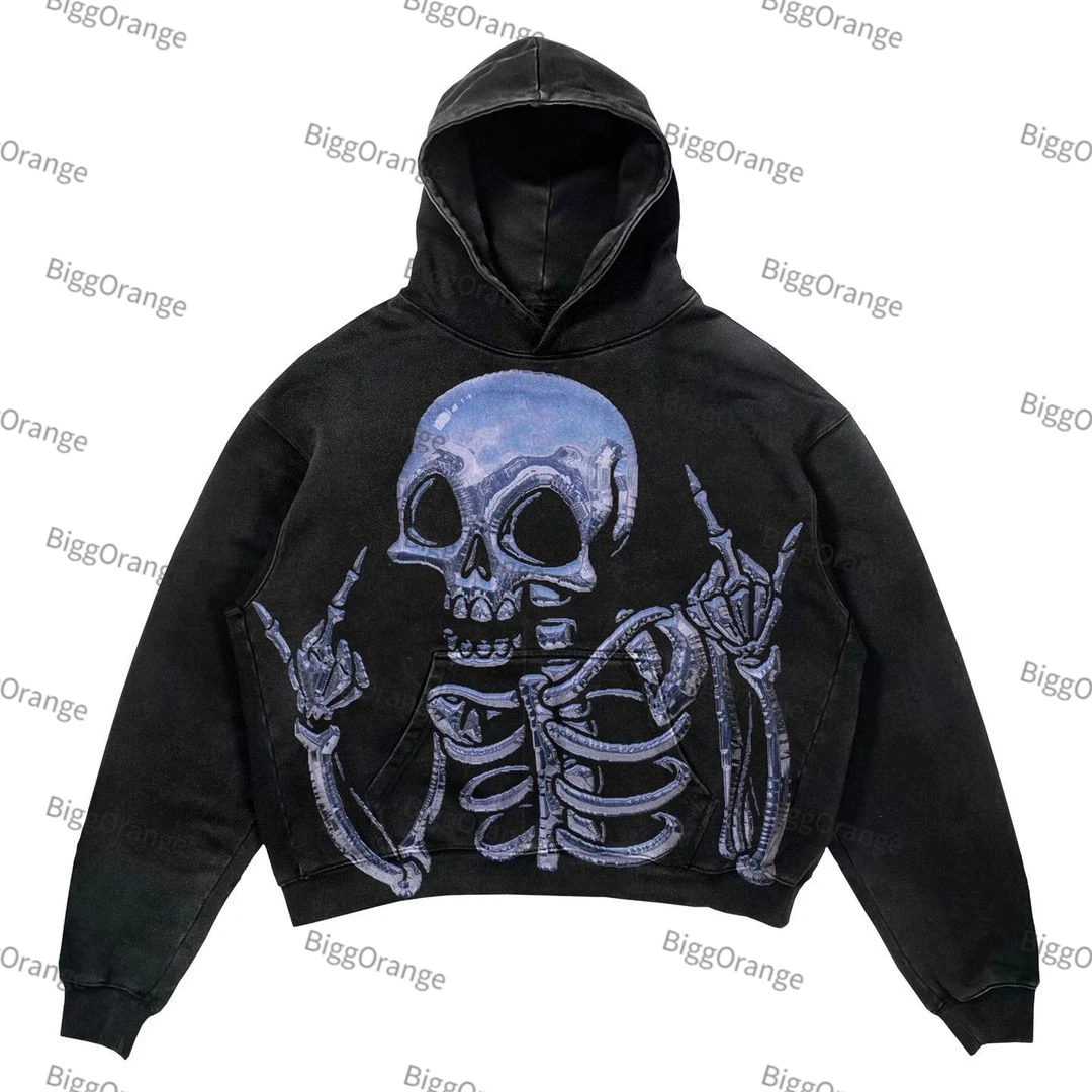 

New skull print sweater men and women street hip-hop retro oversized hooded sweater fashion sweater loose top streetwear