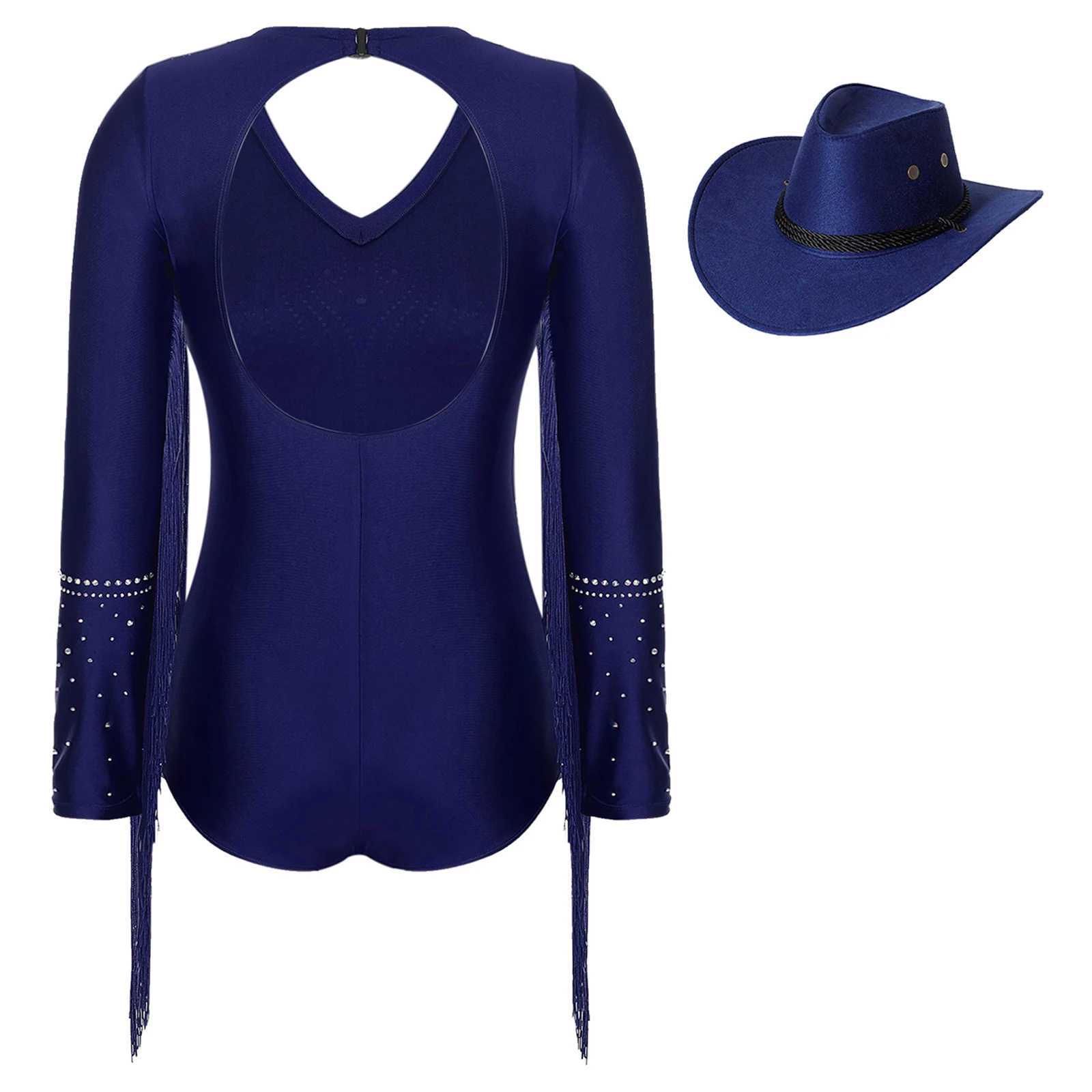 Mulheres latina jazz dança collant traje tango palco desempenho conjunto borla com decote em v espumante strass recorte volta vestido chapéu