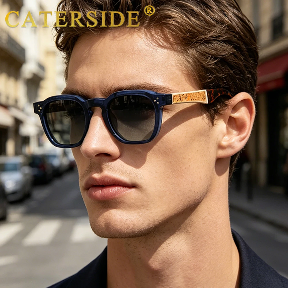 CATERSIDE New Vintage Square Polarized Sunglasses for Men Women Spring Hinged Wood Temple Sun Glasses Outdoor Fashion Glasses