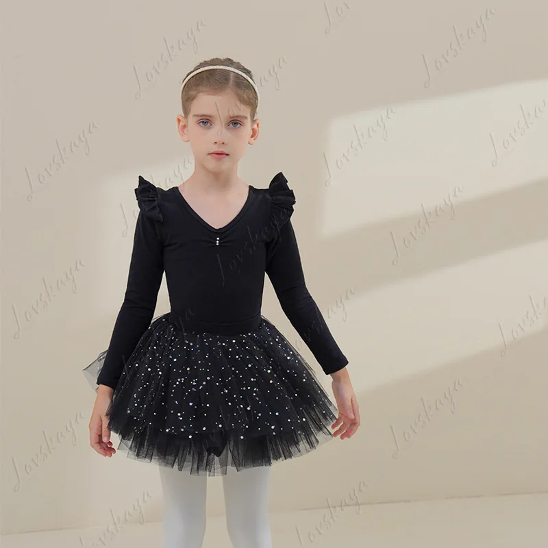 Costumi di danza per bambini - Abito da pratica autunnale per ragazze nere a maniche lunghe per la danza cinese, gonna da balletto per bambine
