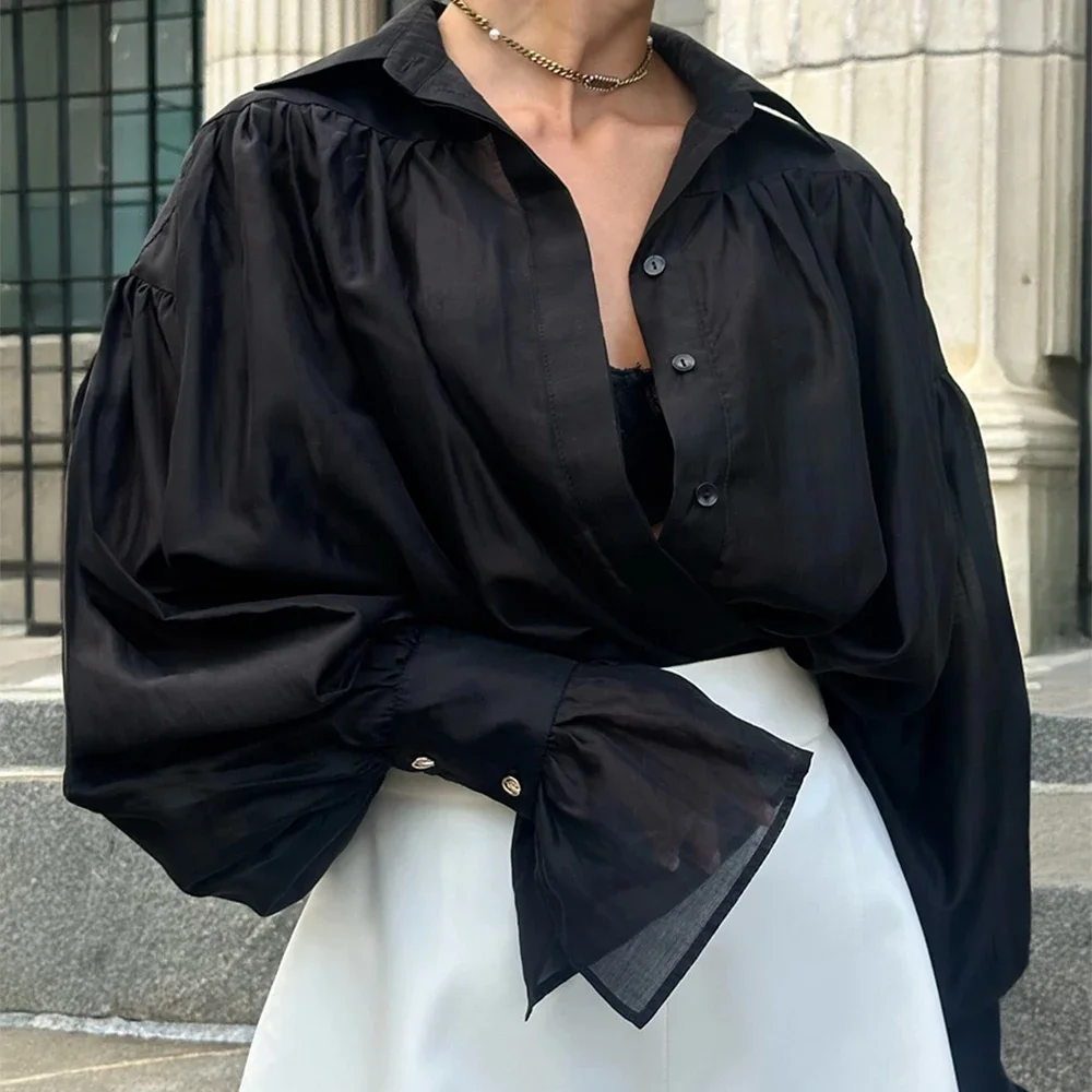 

Women's Summer Shirts Oversized Long Lantern Sleeves Shirt Collar Button Cuffs Casual Shirts