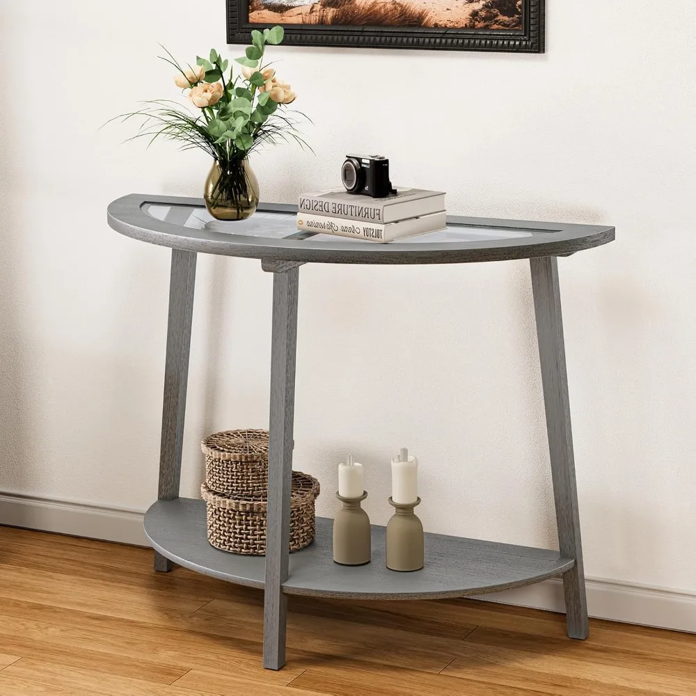 

Half-Round Entryway Table with Shelf Solid MDF Board Glass Table Top Classic and Traditional Console Table