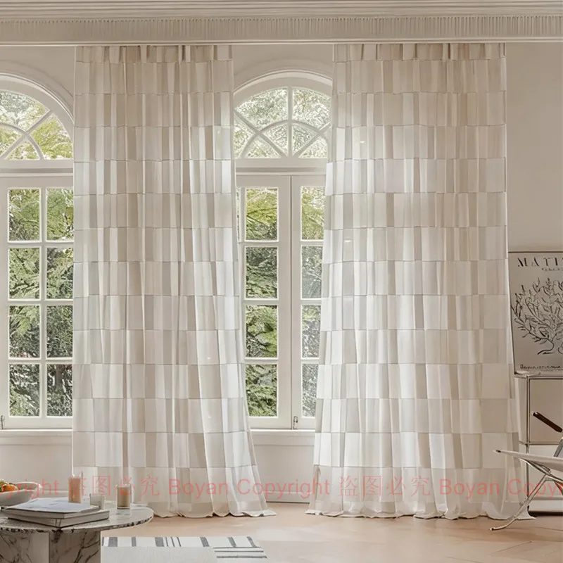 Vintage Linen Like Color Plaid Check Sheer Curtains for Living Room Balcony Elegant Grid Faux Flax Window Tulle in Bedroom Voile