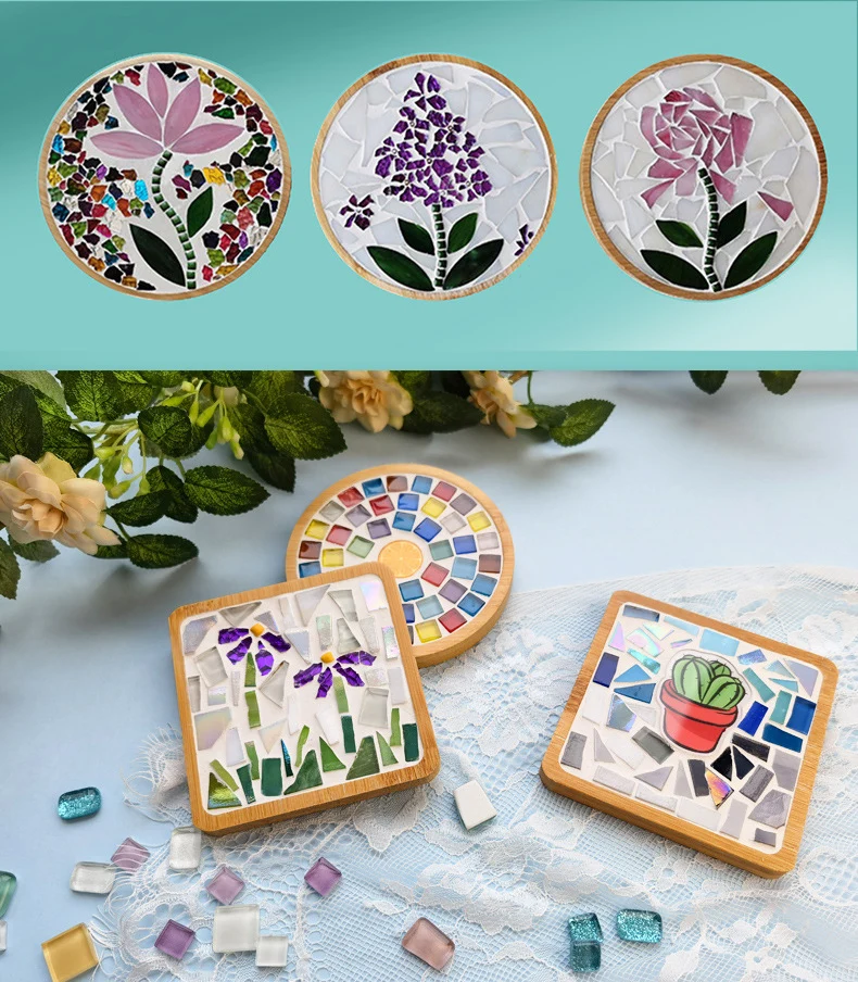 Estera de taza de mosaico hecha a mano, almohadilla de bambú inferior, posavasos cuadrado de corazón, juguetes artesanales de creación gratuita para