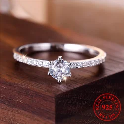Cute Female Real 925 Sterling Silver Round Engagement Ring Solitaire Vintage Wedding Jewelry For Women