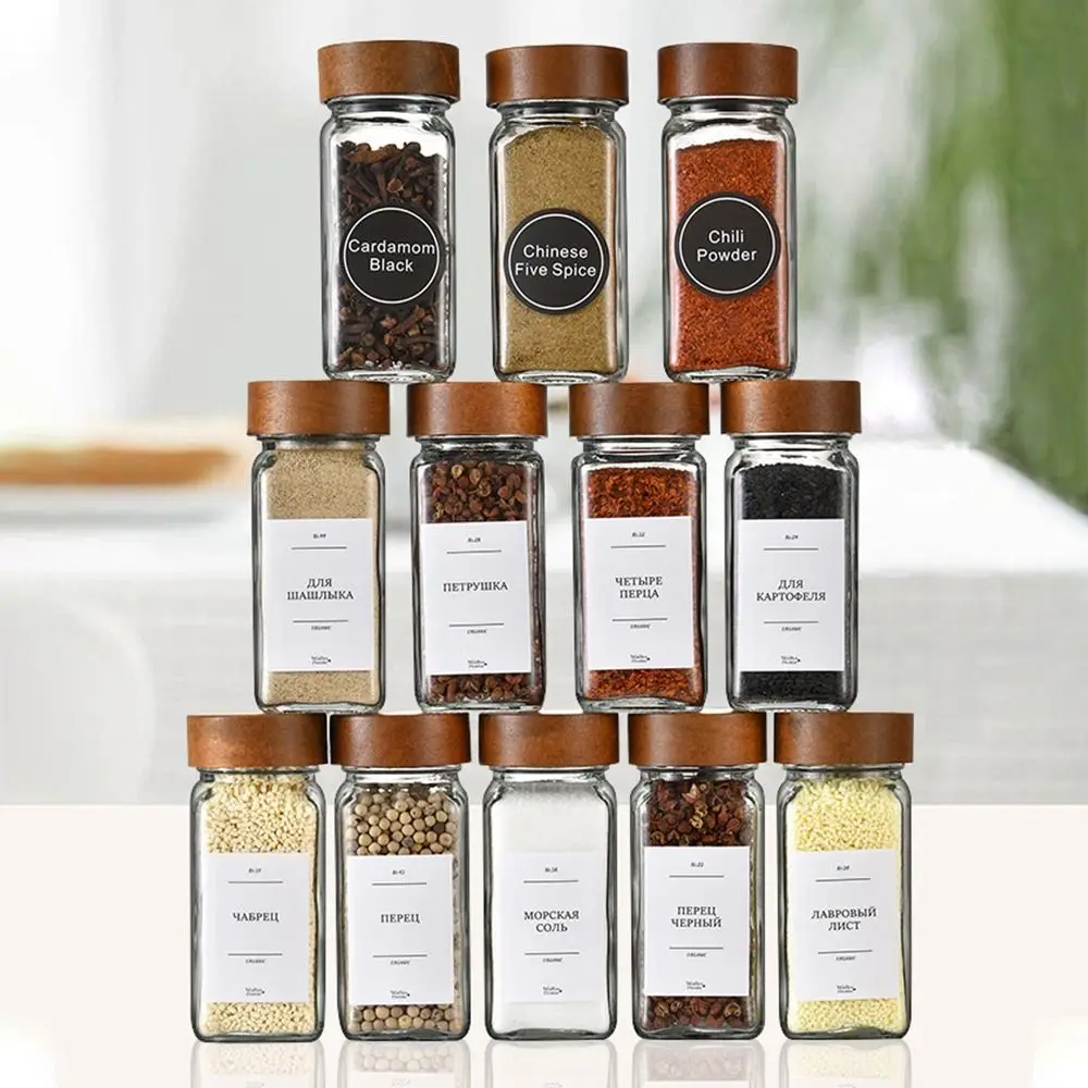 Transparent Storage Tank Glass Sealed Spice Jars Dispensing Bottles Storage Tool Square Spice Jar with Acacia Wood Lids