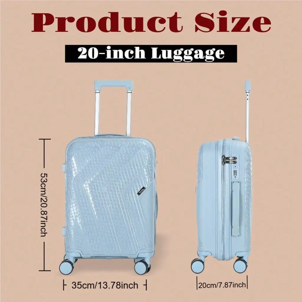 This 20-Inch Carry-On Suitcase Is Made Of Durable And Stylish PP Material, Featuring 360-Degree Smooth Spinner Wheels, A TSA Lock, A Telescopic Handle, And A Zipper Closure. Suitable For Various Travel And School Trips.