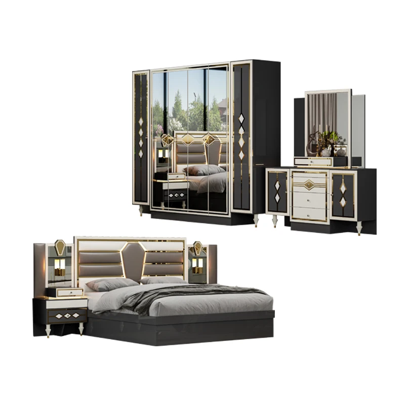 Wooden Modern Black Double Leather King Bed Set Home Furniture Modular Wooden Queen Bed Full Luxury Bedroom Set Furniture
