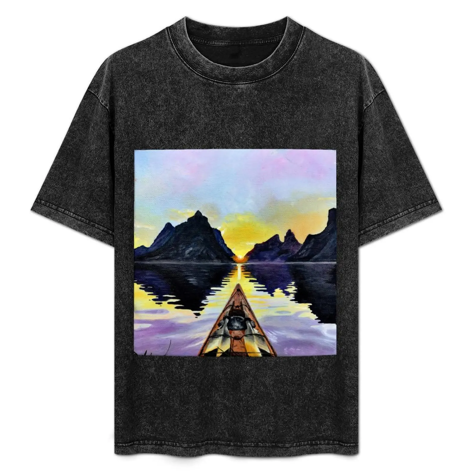 Boat with Water, Mountains, and Sunset Pretty Acrylic Painting T-Shirt cute tops vintage outfits for men