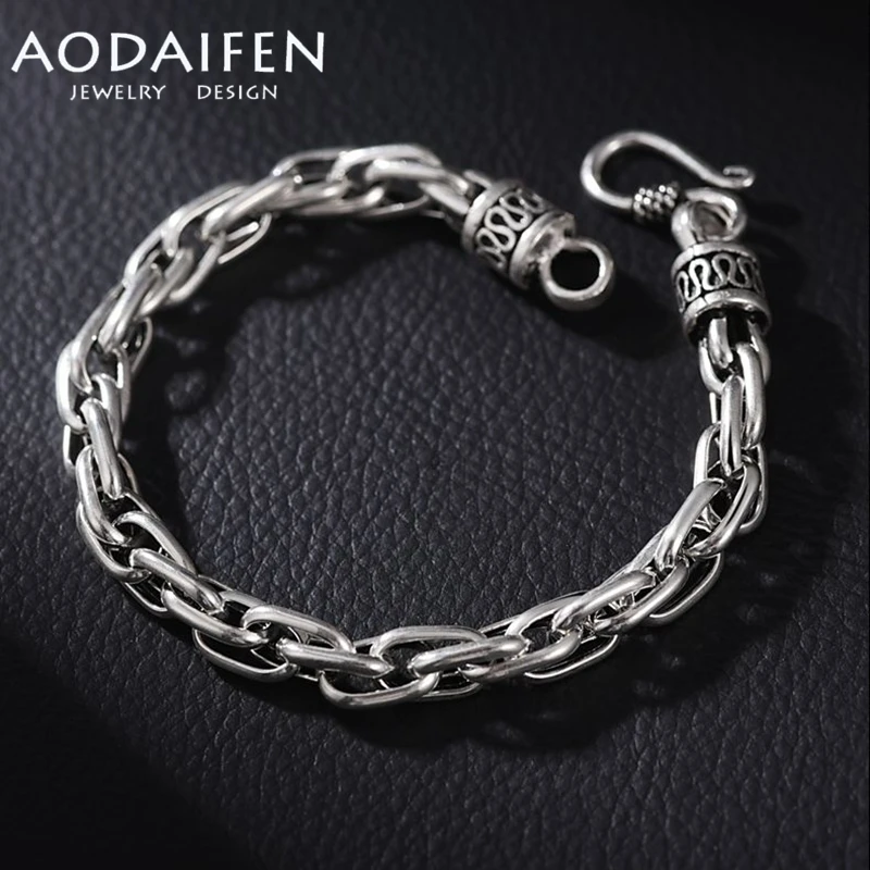 

AODIAFEN S925 Sterling Silver 7MM Woven Simple Punk Retro Personality Fashion Couple Bracelet Thai Silver Luxurious Jewelry Gift