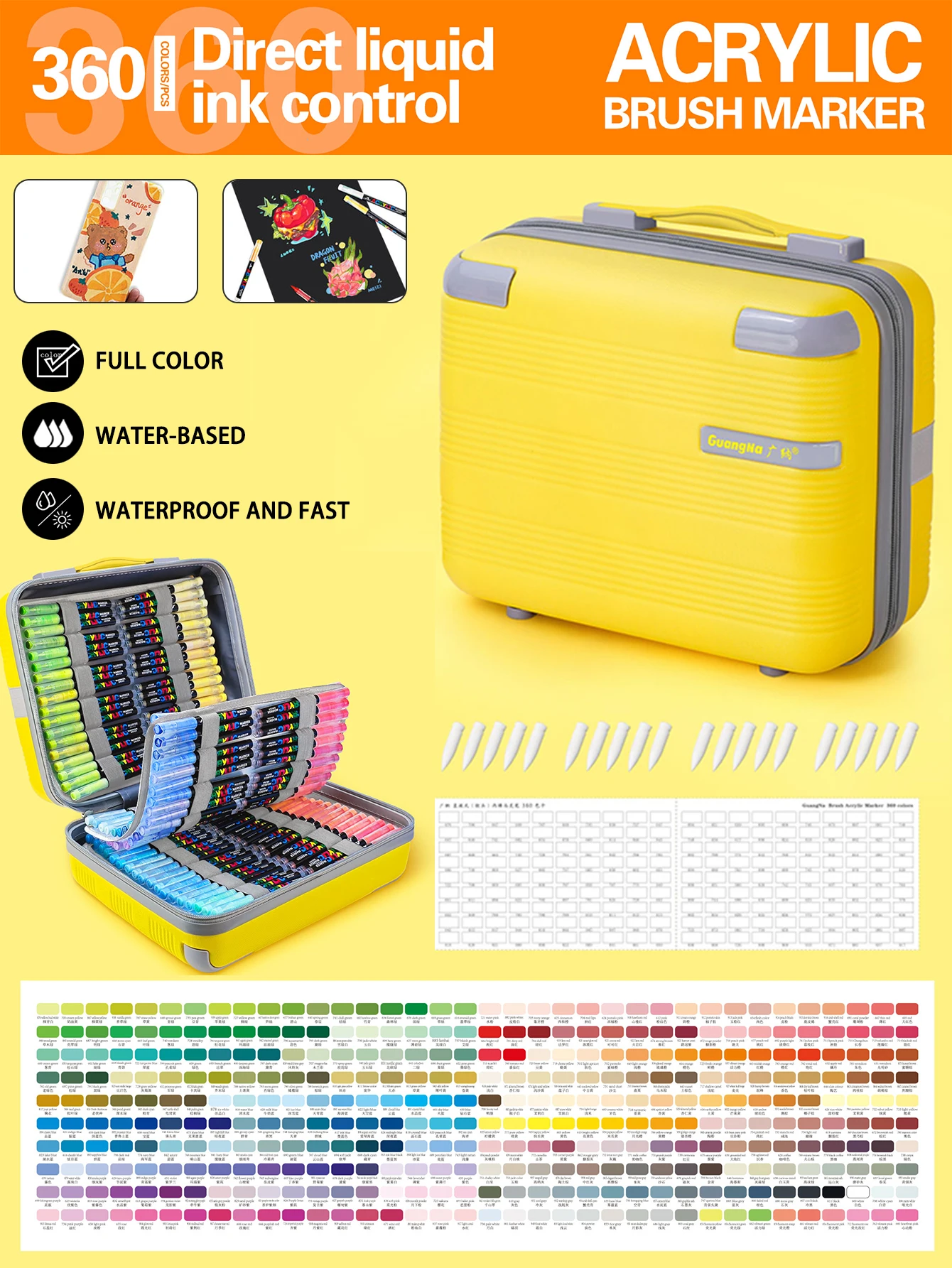 Guangna 360-kleuren acrylmarkeerset met reisetui |   Professionele verfpennen voor kunstenaars, canvas, rotsschildering