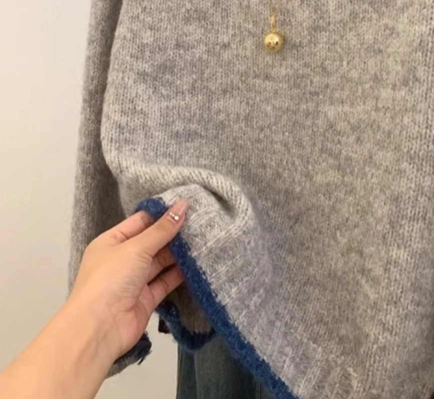 

Осень-зима, вязаный свитер контрастного цвета, женский утолщенный свитер с круглым вырезом, новинка 2025, свободный мягкий пуловер, корейский топ с длинными рукавами