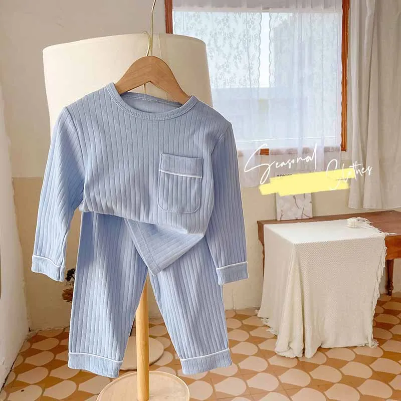 Autumn Kids Pajamas 2Pcs Girls Cotton Solid Colour Round Neck Suit Spring New Girls Fashion Casaual Warm Pocket Set 12M-10 Years