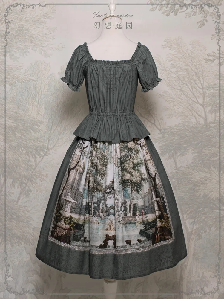 [Fantasy Garden] Set aus bedrucktem Baumwolloberteil und Rock im CLA-Stil mit Ölgemälde von AD Deer Hidden Dress Lolita