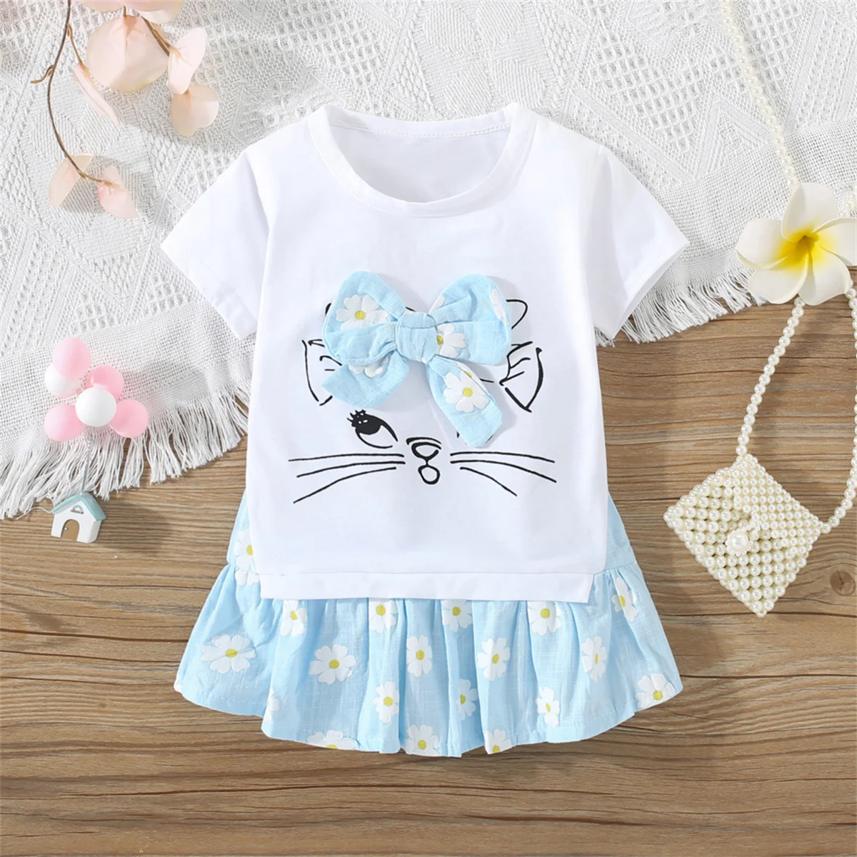 Summer Girls\' Short Sleeve Dress Cartoon Bow Little Cat Embroidery Ruffle Edge Panel Casual Daily Wear