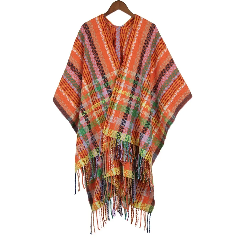 Elegant Bohemian Mongolian Poncho Ethnic Style Gradient Color Knitting Wrap Cloak Keep Warm Winter Knitted Cape for Women