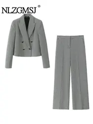 TRAF 2024 Autumn Chic Office Lady Suit V Neck Single Button Short Blazer Straight Pants Fashion Women 2 Piece Sets