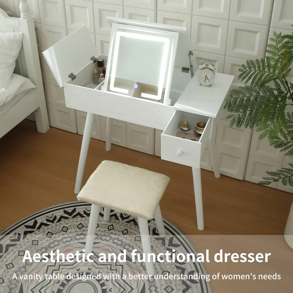 FCH Vanity Table Set with LED Mirror Flip Top Makeup Dressing Table Writing Desk with Cushioning Makeup Stool Set Dressers
