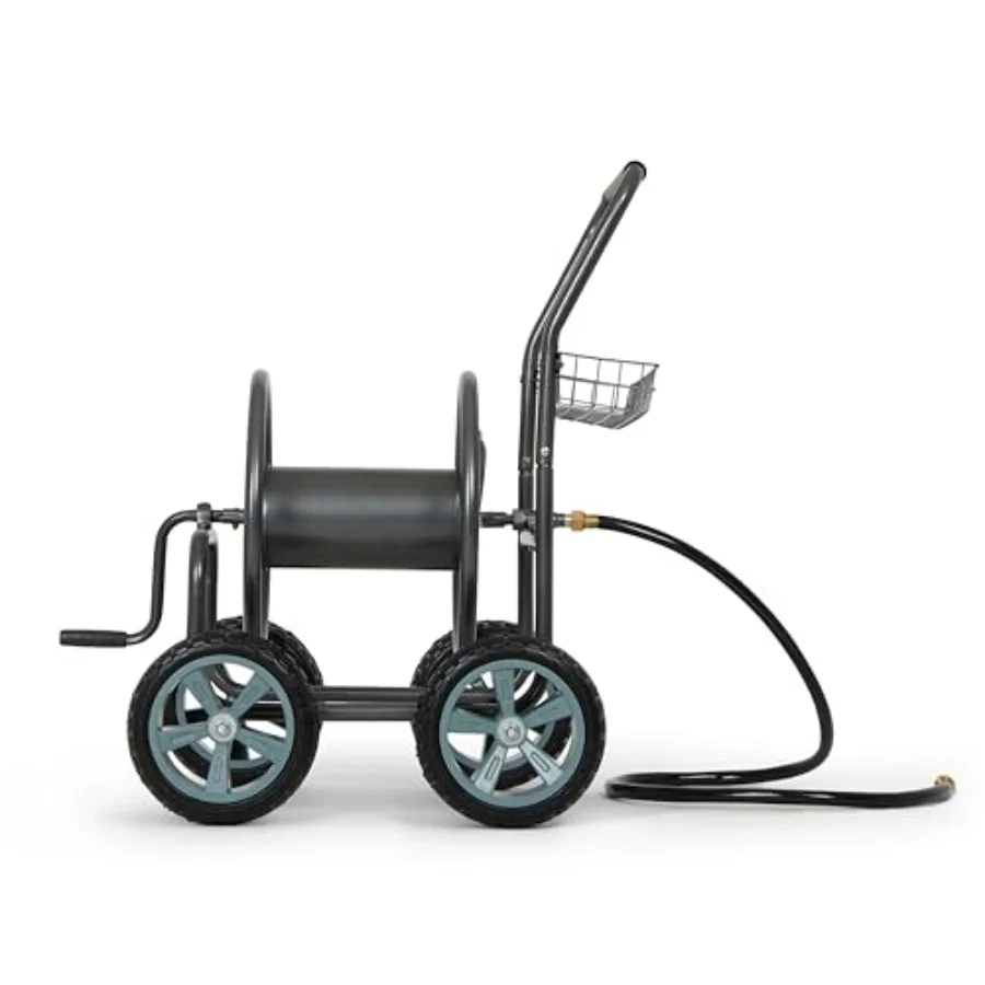 4‑Wheel Garden Hose Reel Cart with Storage Basket, Hand‑Crank Rewind, Rust‑Resistant Hammertone Gray Finish, Brass Connectors