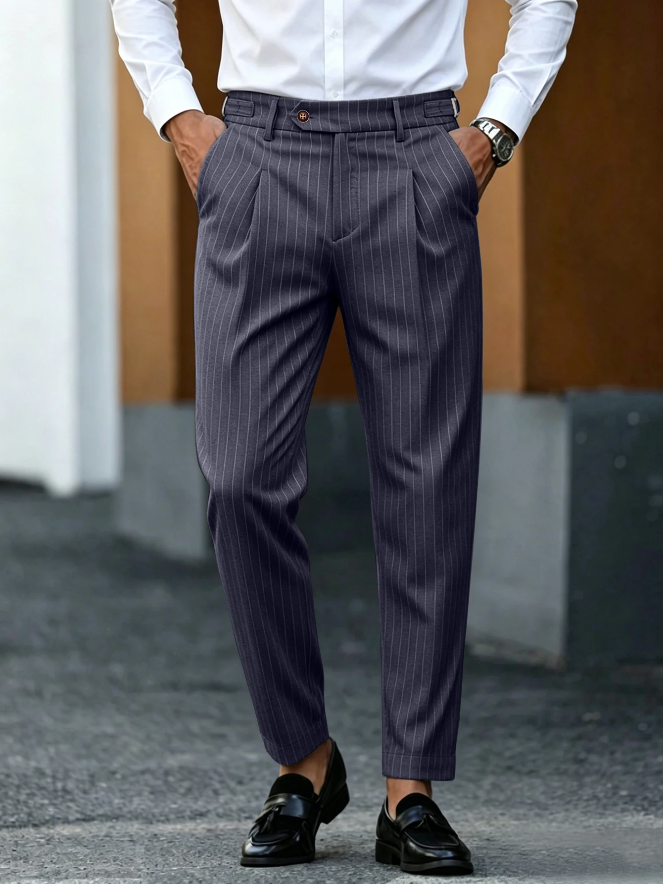 Business Formal Mens Pinstripe Pleated Cuffed Cropped Suit Trousers Stretch Wrinkle Resistant Slim Ankle Dress Pants