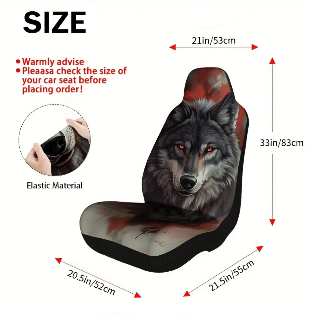 Set Of 2 Universal Car Seat Covers Featuring A Striking Wolf Design, Stylish For Any Vehicle. Perfect For Daily Commutes, Family