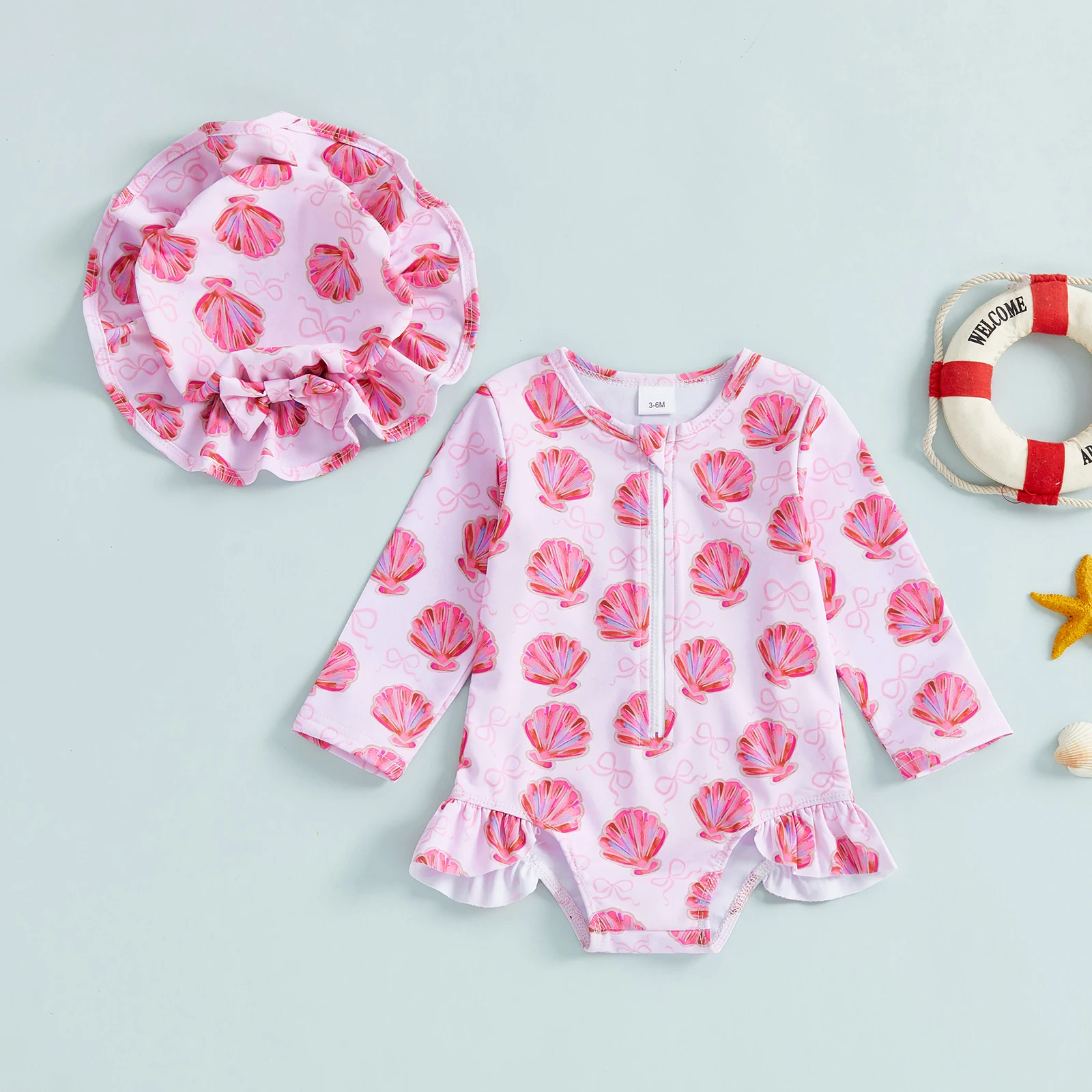 2Pcs Infant Girls Swimsuit Set Duck/Shell Print Crew Neck Long Sleeve Zipper Rash Guard Swimwear and Sun Hat