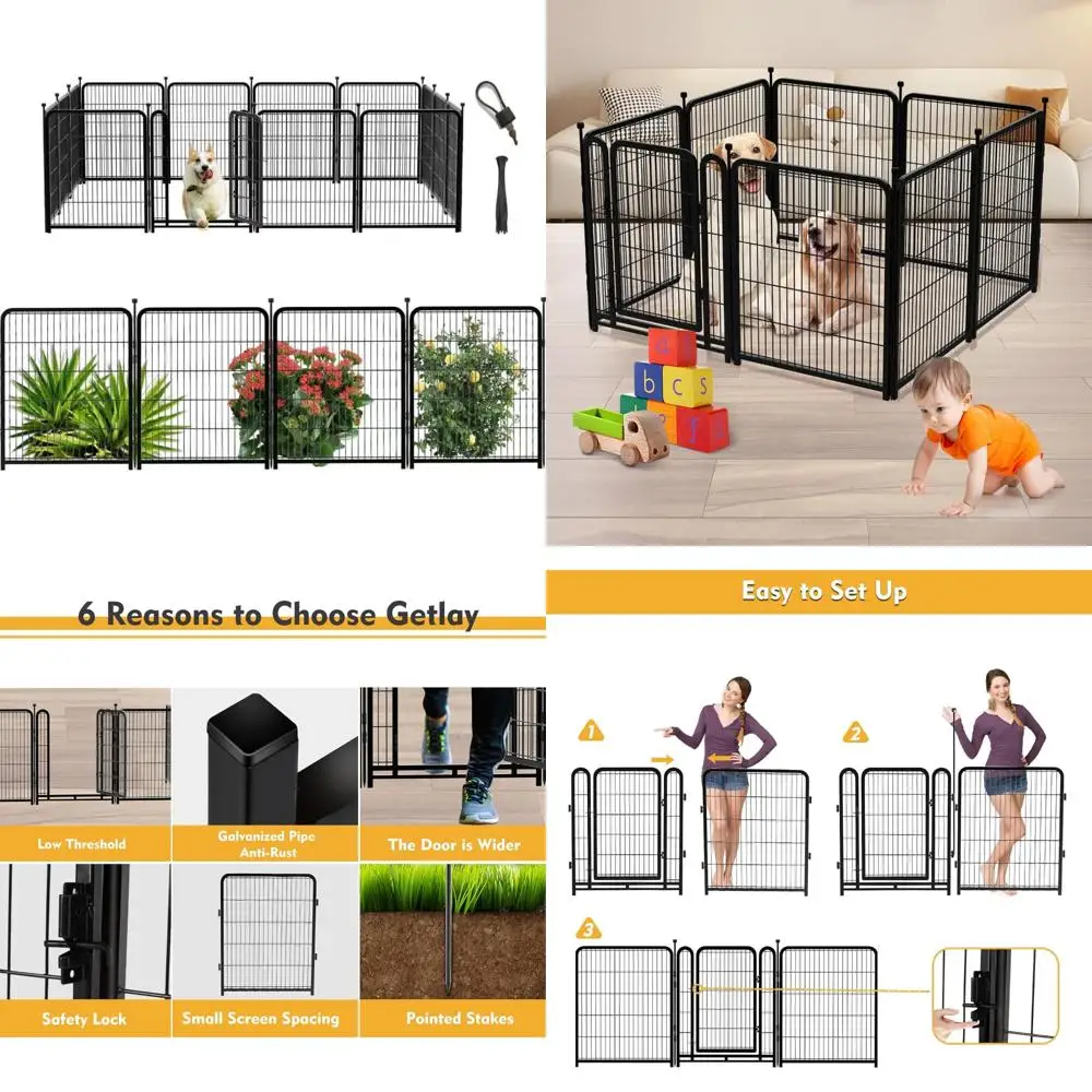 

Outdoor Heavy-Duty Metal Dog Pen with Wide Door and Low Threshold, 48 Inch High, 8-Panel, Extends to 17.7 Feet Long for Yard Use
