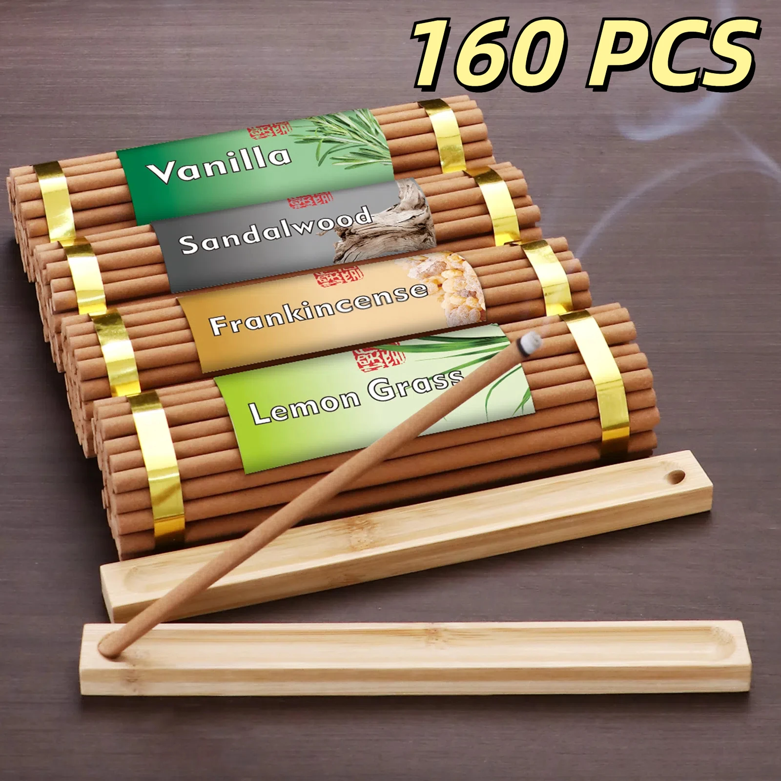 Incense Sticks, Handmade Sandalwood/Frankincense/Lemon/Vanilla Scent, Burns 100-120 mins, 160pcs Natural Incense with 2 Holders