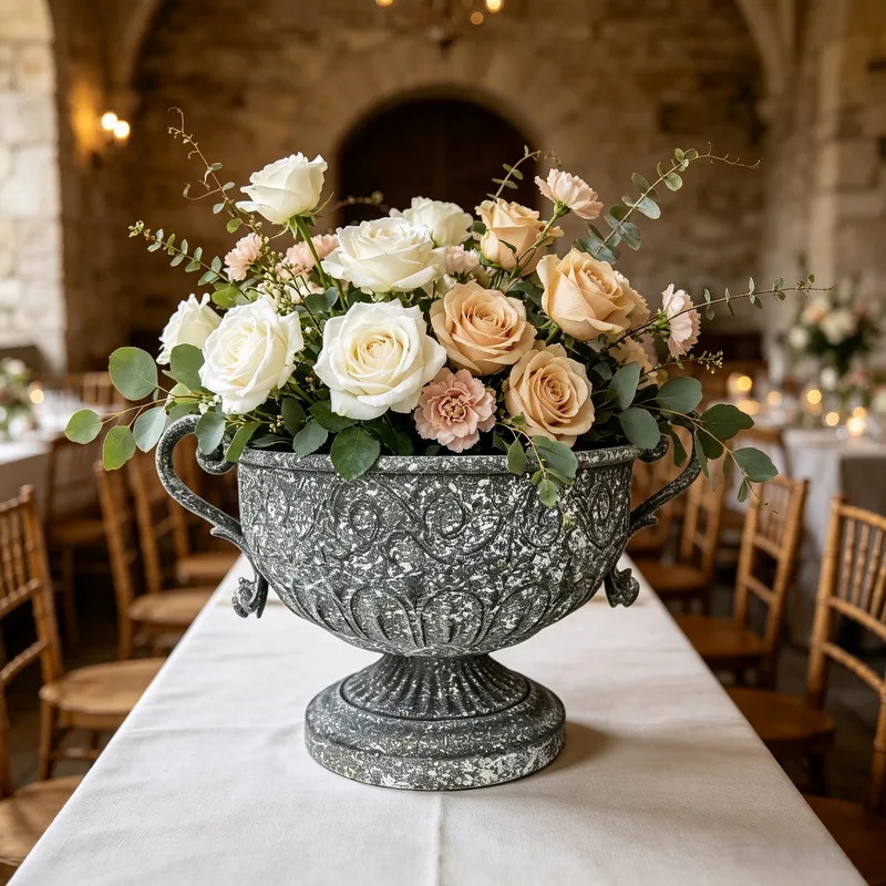 EuropeanVintage Distressed Wrought Iron Double Ear Pedestal Urn Flower Pot Wedding Banquet Courtyard Decorative Flower Container