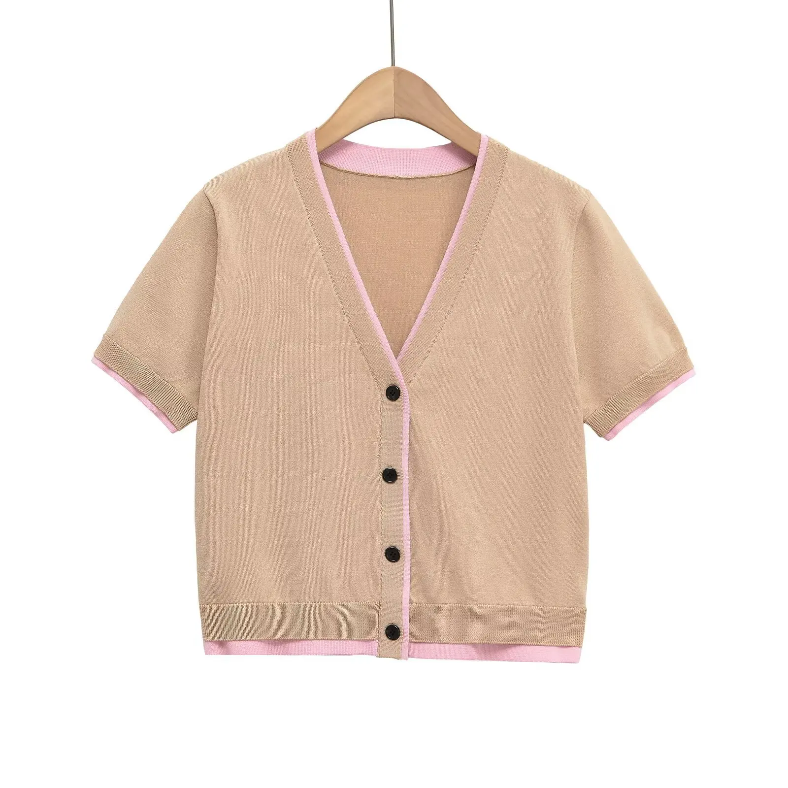 

UNIZERA Women's Top Double layered Decorative Short sleeved V-neck Knitted Style Summer New Top