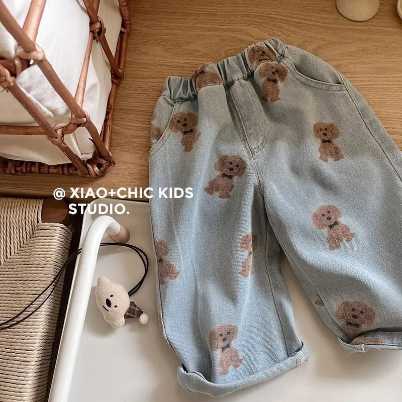 Children's Jeans High Quality Baby Kids Bear Printed Soft Jeans Light Color Boys and Girls Casual Denim Trousers Pants