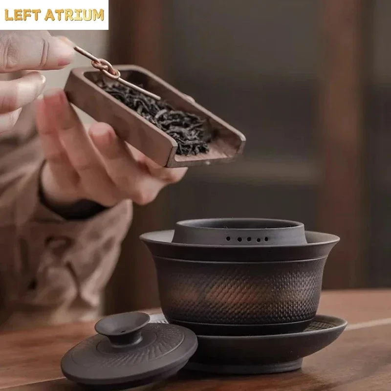 180ml Purple Pottery Jump Knife Gaiwan Japanese Tea Tureen Household Tea Bowl With Lid Kit Tea Making Cover Bowl Cafe Collection