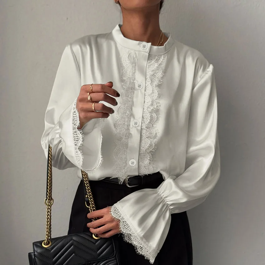 2026 Spring Women's Elegant Luxury White Satin Shirt Lace Detail Stand Collar Bell Sleeve Loose Fit Office Afternoon Tea Top