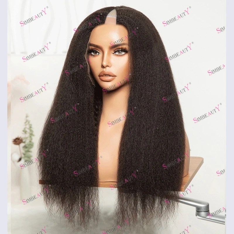 

Dark Brown #2 Color Afro Black Women Human Hair Opening Full Machine Made U Part Wigs with Clips Glueless Kinky Straight Wigs