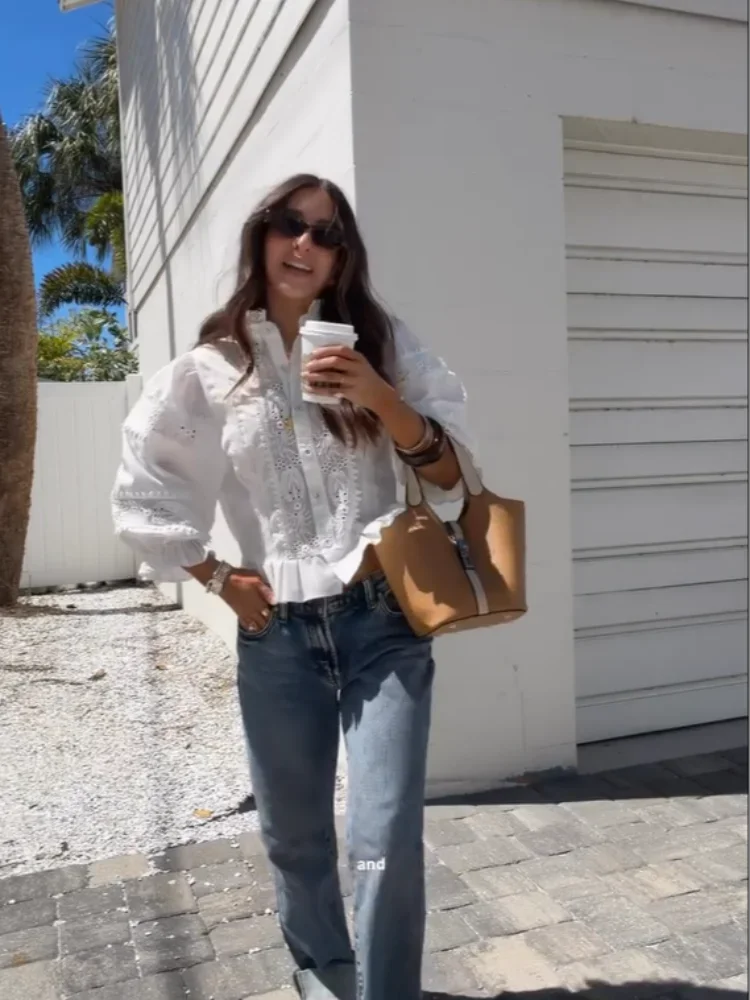 

Women's Solid White Lace Blouses Fashion Chic Sheer Lace Button Down Embroidered Peplum Shirt 2026 Elegant Lady Office Wear Tops